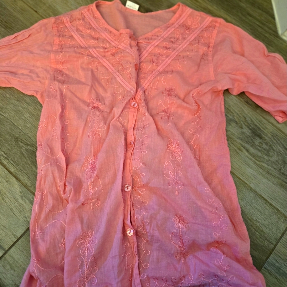 Womens pink white house button down blouse size large
